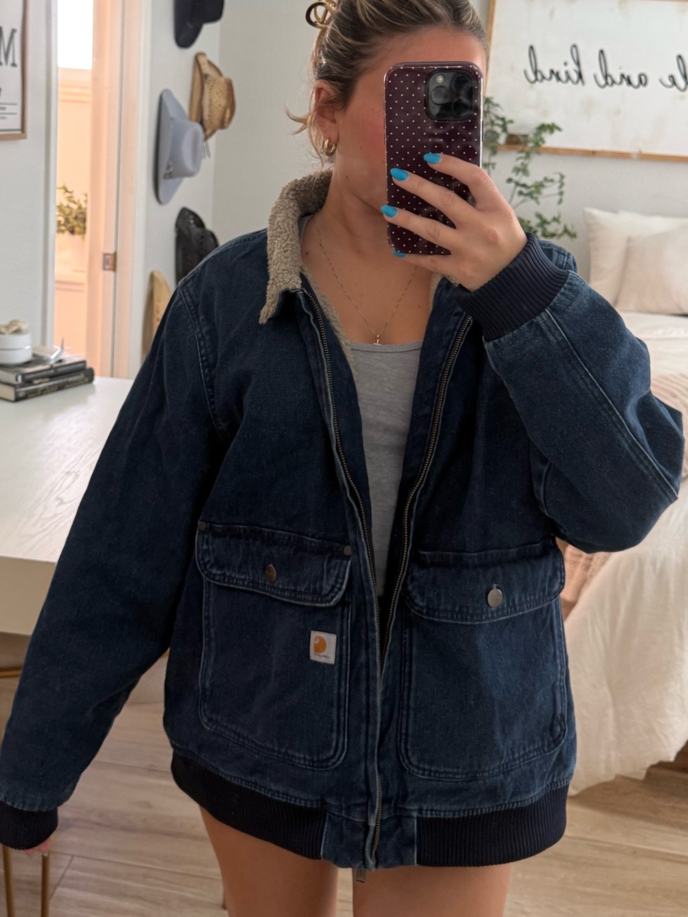 Carhartt Women's Dark Blue Sherpa-Lined Denim Jacket (Runs small)